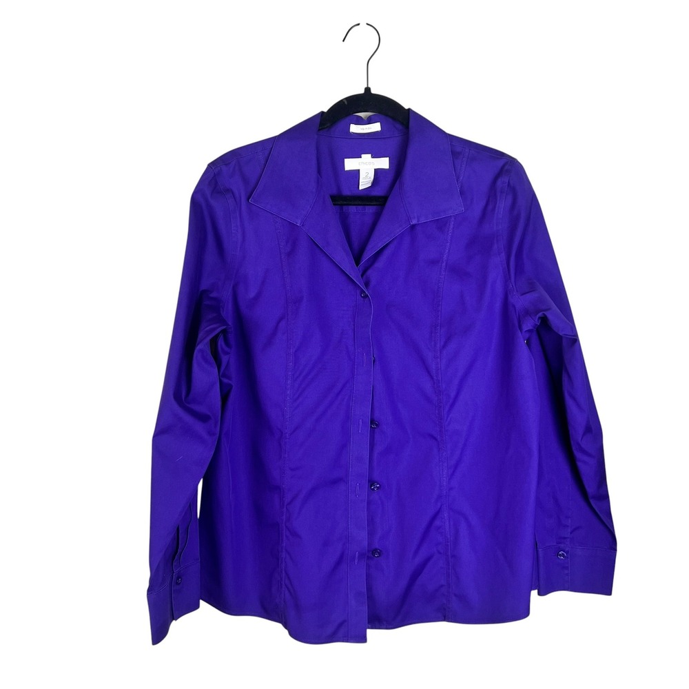 Chicos No Iron Purple Button Down Shirt Long Sleeve Cotton Blouse Size 2 Large